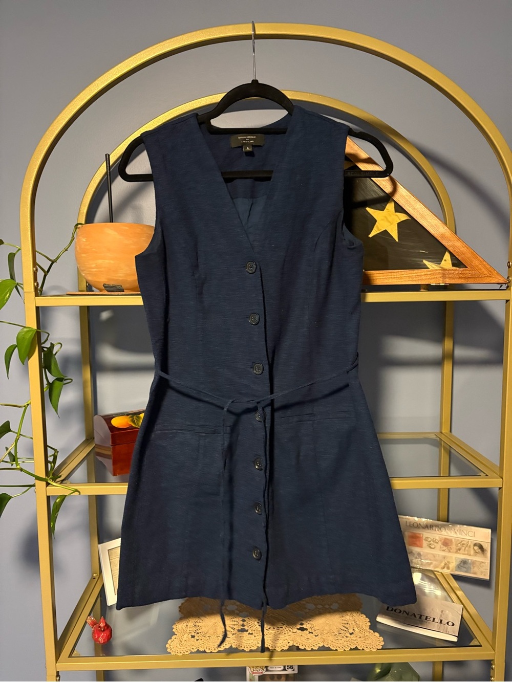 Banana Republic Navy Sleeveless Button-Front Tie-Waist Dress